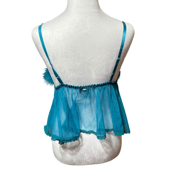 Vintage Frederick's of Hollywood Teal Feather Trim Sheer Babydoll Robe Y2K - Picture 7 of 13